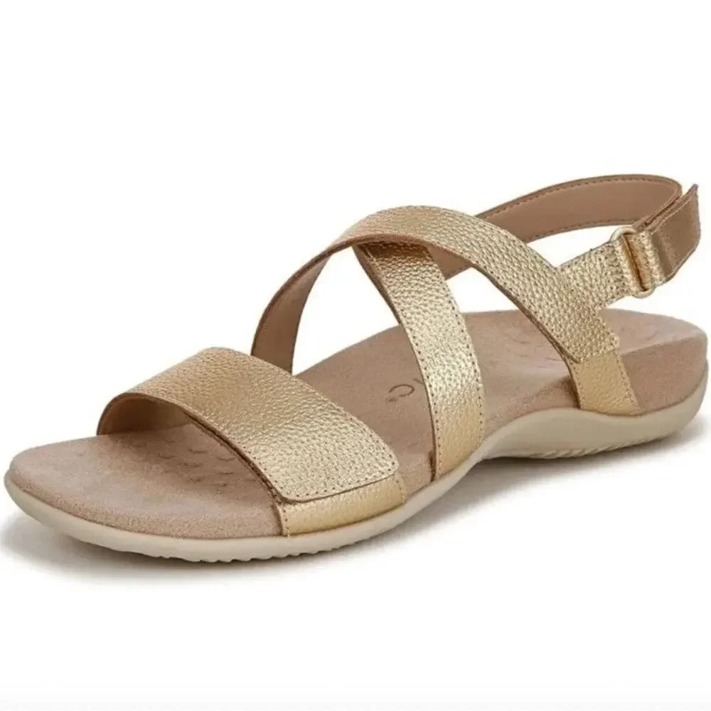 New Vionic Raya Gold Metallic Leather Orthotic Backstrap Sandals Womens Size 6